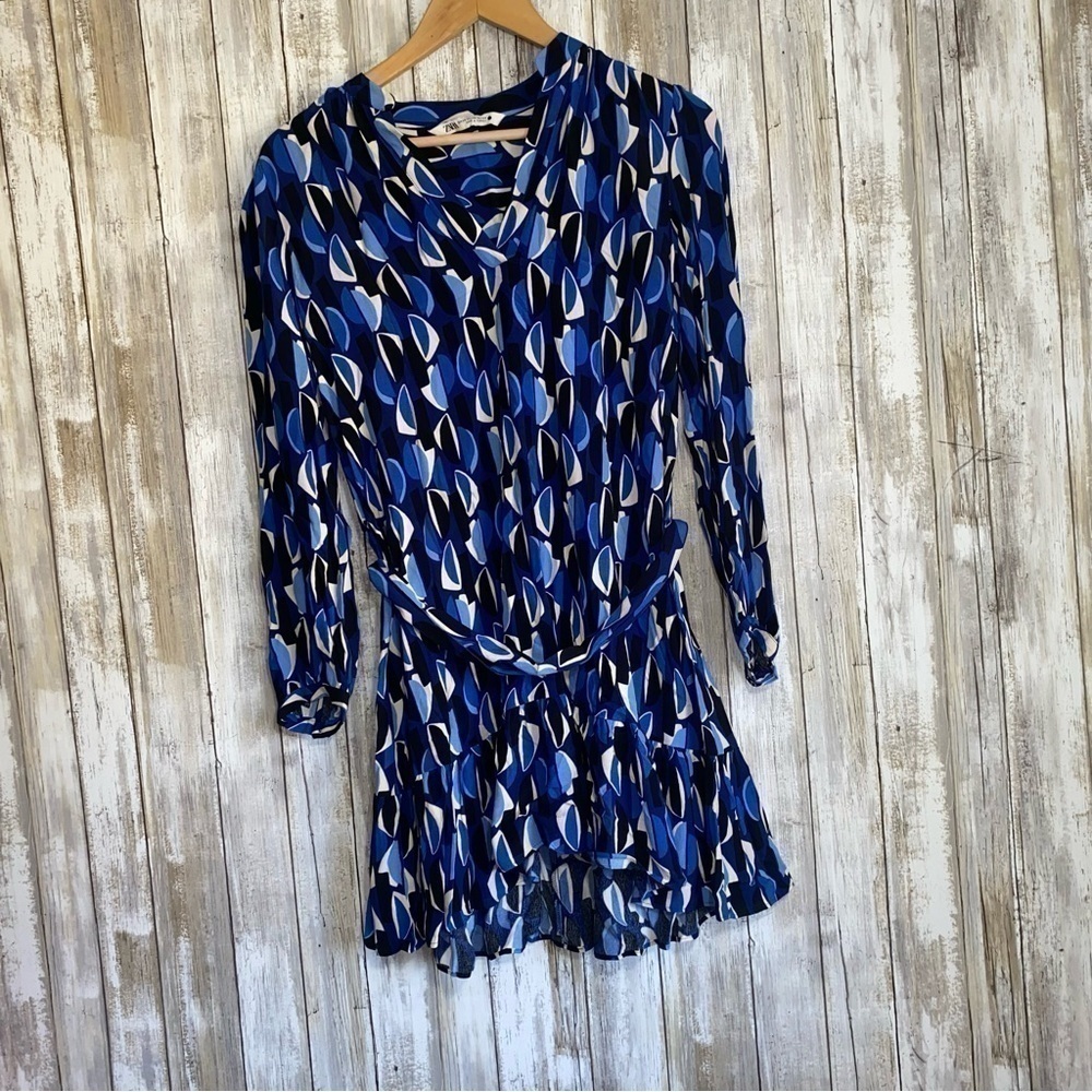 Zara Blue Geometric Print Ruffle Mini Dress Belted V Neck Long Sleeve XS - Picture 2 of 10